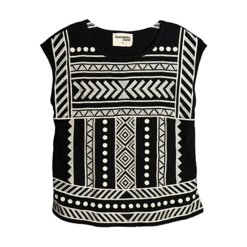 Savanna Jane Embroidered Aztec Top Black Blouse Boho Chic Medium - Picture 5 of 13